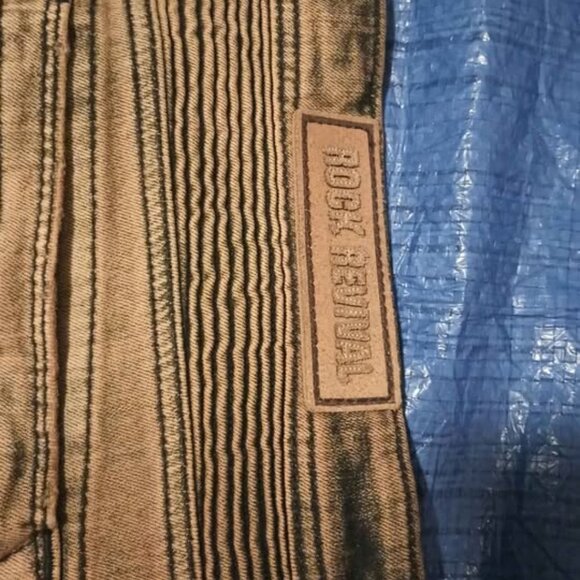 Rock Revival Moto Biker Tapered Faded Tan Leg Jeans “Elliot” Great Condition - Picture 8 of 11